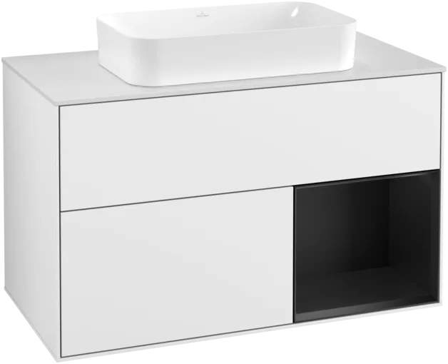 Bild von VILLEROY BOCH Finion Waschbeckenunterschrank, mit Beleuchtung, 2 Auszüge, 1000 x 603 x 501 mm, Glossy White Lacquer / Black Matt Lacquer / Glass White Matt #F251PDGF