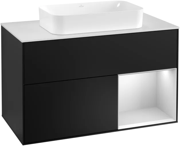 Bild von VILLEROY BOCH Finion Waschbeckenunterschrank, mit Beleuchtung, 2 Auszüge, 1000 x 603 x 501 mm, Black Matt Lacquer / White Matt Lacquer / Glass White Matt #F251MTPD