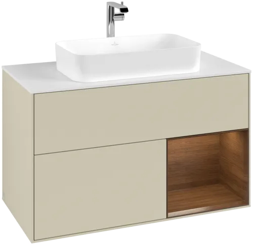 Obrázek VILLEROY BOCH Toaletní skříňka Finion, s osvětlením, 2 výsuvy, 1000 x 603 x 501 mm, hedvábně šedý matný lak / ořechová dýha / sklo bílé matné #F251GNHJ