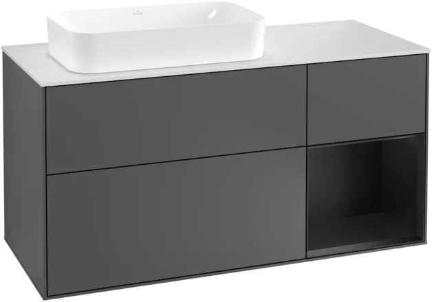 Bild von VILLEROY BOCH Finion Waschbeckenunterschrank, mit Beleuchtung, 3 Auszüge, 1200 x 603 x 501 mm, Anthracite Matt Lacquer / Black Matt Lacquer / Glass White Matt #F281PDGK