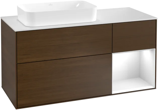 Bild von VILLEROY BOCH Finion Waschbeckenunterschrank, mit Beleuchtung, 3 Auszüge, 1200 x 603 x 501 mm, Walnut Veneer / Glossy White Lacquer / Glass White Matt #F281GFGN