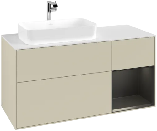Bild von VILLEROY BOCH Finion Waschbeckenunterschrank, mit Beleuchtung, 3 Auszüge, 1200 x 603 x 501 mm, Silk Grey Matt Lacquer / Black Matt Lacquer / Glass White Matt #F281PDHJ