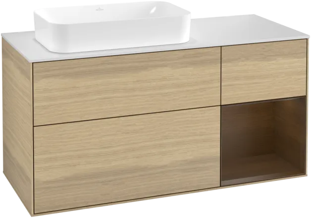 Bild von VILLEROY BOCH Finion Waschbeckenunterschrank, mit Beleuchtung, 3 Auszüge, 1200 x 603 x 501 mm, Oak Veneer / Walnut Veneer / Glass White Matt #F281GNPC