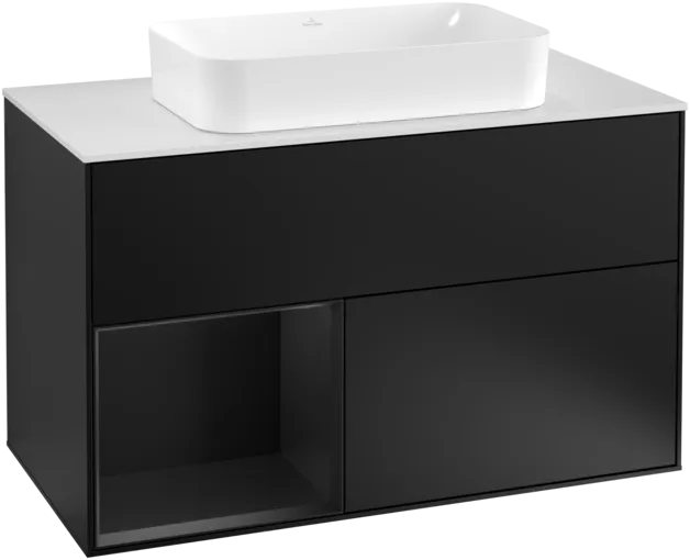 Bild von VILLEROY BOCH Finion Waschbeckenunterschrank, mit Beleuchtung, 2 Auszüge, 1000 x 603 x 501 mm, Black Matt Lacquer / Black Matt Lacquer / Glass White Matt #F241PDPD