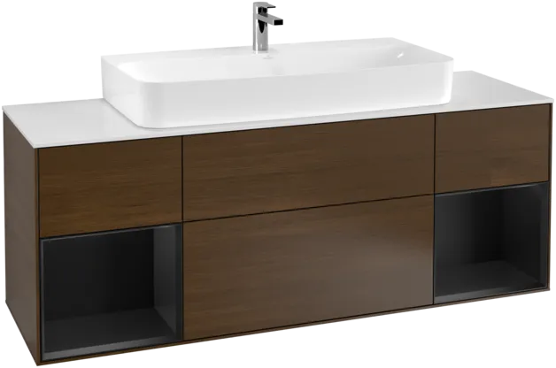 Bild von VILLEROY BOCH Finion Waschbeckenunterschrank, mit Beleuchtung, 4 Auszüge, 1600 x 603 x 501 mm, Walnut Veneer / Black Matt Lacquer / Glass White Matt #F211PDGN