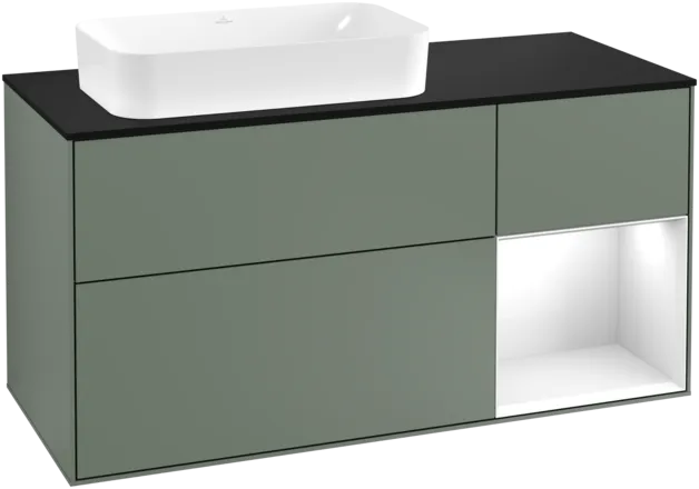 Bild von VILLEROY BOCH Finion Waschbeckenunterschrank, mit Beleuchtung, 3 Auszüge, 1200 x 603 x 501 mm, Olive Matt Lacquer / Glossy White Lacquer / Glass Black Matt #F282GFGM