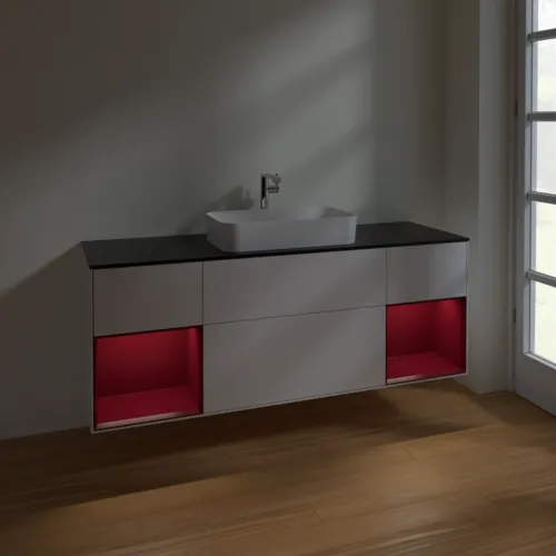 Bild von VILLEROY BOCH Finion Waschbeckenunterschrank, mit Beleuchtung, 4 Auszüge, 1600 x 603 x 501 mm, Glossy White Lacquer / Peony Matt Lacquer / Glass Black Matt #F332HBGF