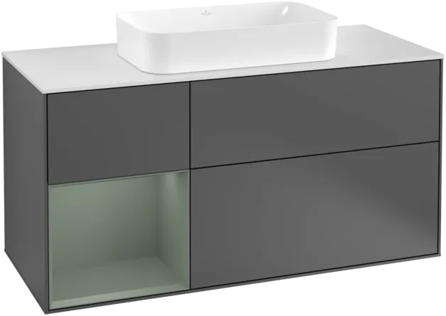 Bild von VILLEROY BOCH Finion Waschbeckenunterschrank, mit Beleuchtung, 3 Auszüge, 1200 x 603 x 501 mm, Anthracite Matt Lacquer / Olive Matt Lacquer / Glass White Matt #F291GMGK