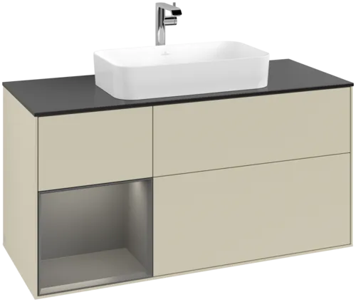 Obrázek VILLEROY BOCH Toaletní skříňka Finion, s osvětlením, 3 výsuvy, 1200 x 603 x 501 mm, hedvábně šedý matný lak / antracitový matný lak / černé matné sklo #F292GKHJ
