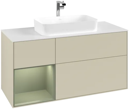 Bild von VILLEROY BOCH Finion Waschbeckenunterschrank, mit Beleuchtung, 3 Auszüge, 1200 x 603 x 501 mm, Silk Grey Matt Lacquer / Olive Matt Lacquer / Glass White Matt #F291GMHJ
