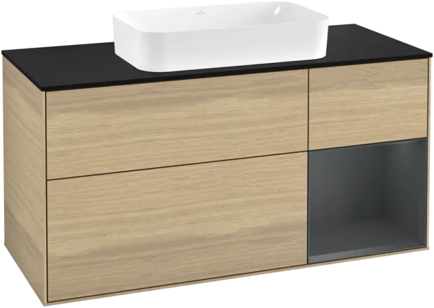 Bild von VILLEROY BOCH Finion Waschbeckenunterschrank, mit Beleuchtung, 3 Auszüge, 1200 x 603 x 501 mm, Oak Veneer / Midnight Blue Matt Lacquer / Glass Black Matt #F302HGPC