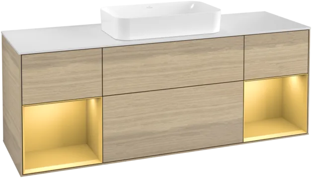 Picture of VILLEROY BOCH Finion Vanity unit, with lighting, 4 pull-out compartments, 1600 x 603 x 501 mm, Oak Veneer / Gold Matt Lacquer / Glass White Matt #F331HFPC