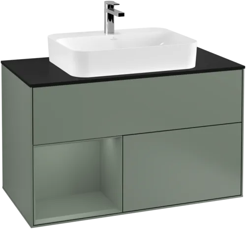 Bild von VILLEROY BOCH Finion Waschbeckenunterschrank, mit Beleuchtung, 2 Auszüge, 1000 x 603 x 501 mm, Olive Matt Lacquer / Olive Matt Lacquer / Glass Black Matt #F362GMGM