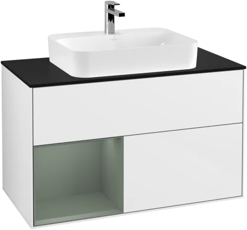 Bild von VILLEROY BOCH Finion Waschbeckenunterschrank, mit Beleuchtung, 2 Auszüge, 1000 x 603 x 501 mm, Glossy White Lacquer / Olive Matt Lacquer / Glass Black Matt #F362GMGF