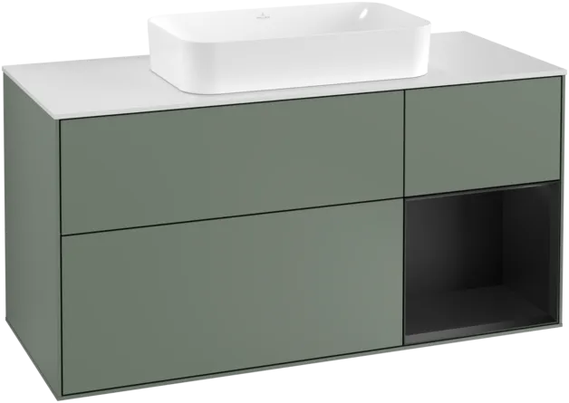 Bild von VILLEROY BOCH Finion Waschbeckenunterschrank, mit Beleuchtung, 3 Auszüge, 1200 x 603 x 501 mm, Olive Matt Lacquer / Black Matt Lacquer / Glass White Matt #F301PDGM