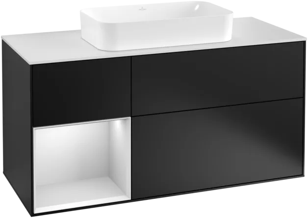 Bild von VILLEROY BOCH Finion Waschbeckenunterschrank, mit Beleuchtung, 3 Auszüge, 1200 x 603 x 501 mm, Black Matt Lacquer / White Matt Lacquer / Glass White Matt #F291MTPD