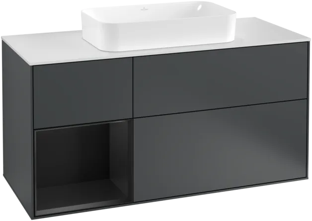 Bild von VILLEROY BOCH Finion Waschbeckenunterschrank, mit Beleuchtung, 3 Auszüge, 1200 x 603 x 501 mm, Midnight Blue Matt Lacquer / Black Matt Lacquer / Glass White Matt #F291PDHG