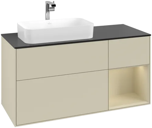 Obrázek VILLEROY BOCH Toaletní skříňka Finion, s osvětlením, 3 výsuvy, 1200 x 603 x 501 mm, Silk Grey Matt Lacquer / Silk Grey Matt Lacquer / Glass Black Matt #F282HJHJ