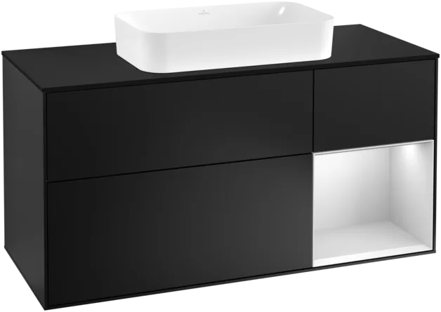 Bild von VILLEROY BOCH Finion Waschbeckenunterschrank, mit Beleuchtung, 3 Auszüge, 1200 x 603 x 501 mm, Black Matt Lacquer / White Matt Lacquer / Glass Black Matt #F302MTPD