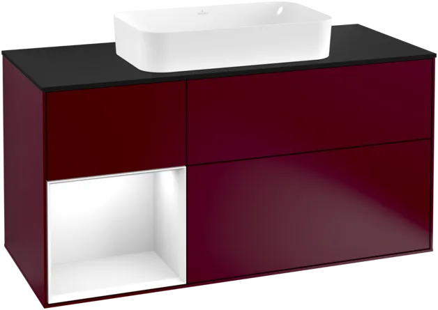 Bild von VILLEROY BOCH Finion Waschbeckenunterschrank, mit Beleuchtung, 3 Auszüge, 1200 x 603 x 501 mm, Peony Matt Lacquer / Glossy White Lacquer / Glass Black Matt #F292GFHB