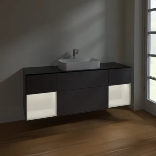 Bild von VILLEROY BOCH Finion Waschbeckenunterschrank, mit Beleuchtung, 4 Auszüge, 1600 x 603 x 501 mm, Anthracite Matt Lacquer / White Matt Lacquer / Glass Black Matt #F332MTGK