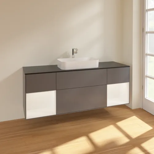 Bild von VILLEROY BOCH Finion Waschbeckenunterschrank, mit Beleuchtung, 4 Auszüge, 1600 x 603 x 501 mm, Anthracite Matt Lacquer / White Matt Lacquer / Glass Black Matt #F332MTGK