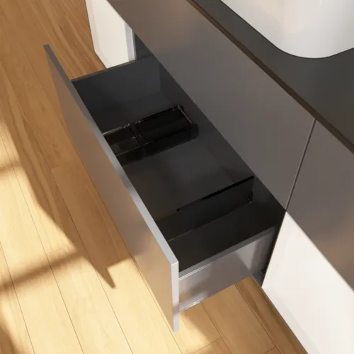 Bild von VILLEROY BOCH Finion Waschbeckenunterschrank, mit Beleuchtung, 4 Auszüge, 1600 x 603 x 501 mm, Anthracite Matt Lacquer / White Matt Lacquer / Glass Black Matt #F332MTGK