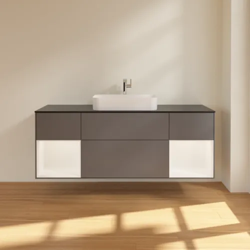 Bild von VILLEROY BOCH Finion Waschbeckenunterschrank, mit Beleuchtung, 4 Auszüge, 1600 x 603 x 501 mm, Anthracite Matt Lacquer / White Matt Lacquer / Glass Black Matt #F332MTGK