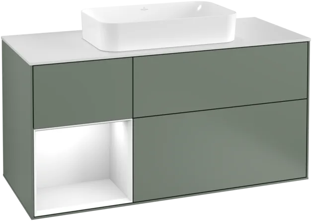 Bild von VILLEROY BOCH Finion Waschbeckenunterschrank, mit Beleuchtung, 3 Auszüge, 1200 x 603 x 501 mm, Olive Matt Lacquer / Glossy White Lacquer / Glass White Matt #F291GFGM