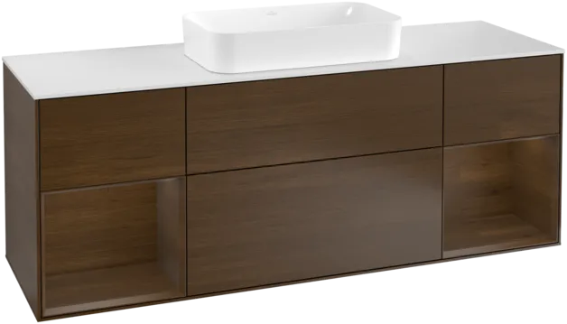Bild von VILLEROY BOCH Finion Waschbeckenunterschrank, mit Beleuchtung, 4 Auszüge, 1600 x 603 x 501 mm, Walnut Veneer / Walnut Veneer / Glass White Matt #F331GNGN
