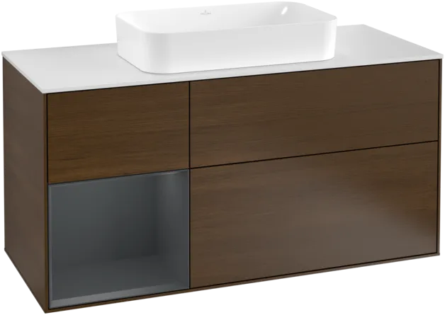 Bild von VILLEROY BOCH Finion Waschbeckenunterschrank, mit Beleuchtung, 3 Auszüge, 1200 x 603 x 501 mm, Walnut Veneer / Midnight Blue Matt Lacquer / Glass White Matt #F291HGGN