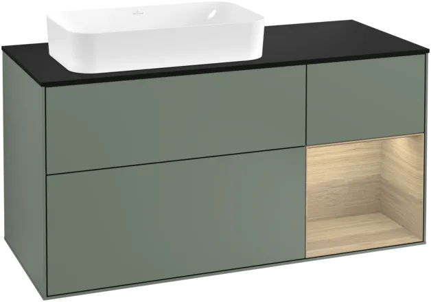 Bild von VILLEROY BOCH Finion Waschbeckenunterschrank, mit Beleuchtung, 3 Auszüge, 1200 x 603 x 501 mm, Olive Matt Lacquer / Oak Veneer / Glass Black Matt #F282PCGM
