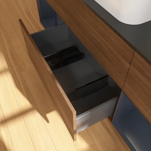 Bild von VILLEROY BOCH Finion Waschbeckenunterschrank, mit Beleuchtung, 4 Auszüge, 1600 x 603 x 501 mm, Walnut Veneer / Midnight Blue Matt Lacquer / Glass Black Matt #F332HGGN