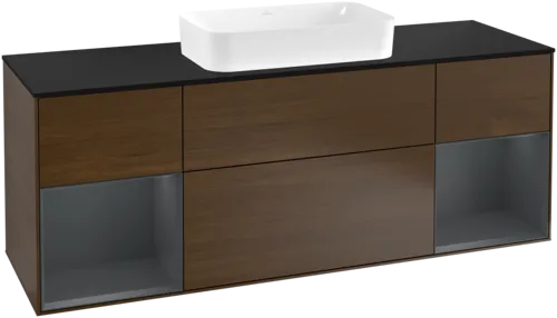 Bild von VILLEROY BOCH Finion Waschbeckenunterschrank, mit Beleuchtung, 4 Auszüge, 1600 x 603 x 501 mm, Walnut Veneer / Midnight Blue Matt Lacquer / Glass Black Matt #F332HGGN