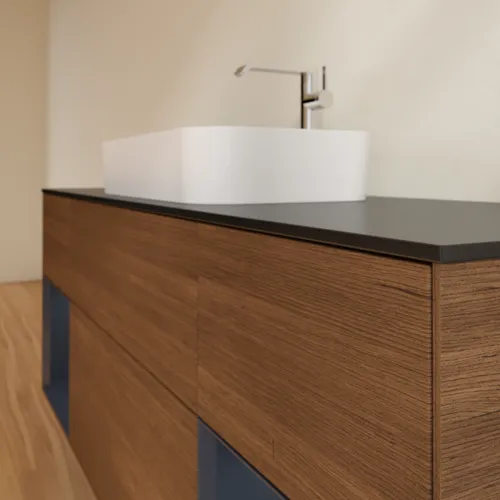 Bild von VILLEROY BOCH Finion Waschbeckenunterschrank, mit Beleuchtung, 4 Auszüge, 1600 x 603 x 501 mm, Walnut Veneer / Midnight Blue Matt Lacquer / Glass Black Matt #F332HGGN