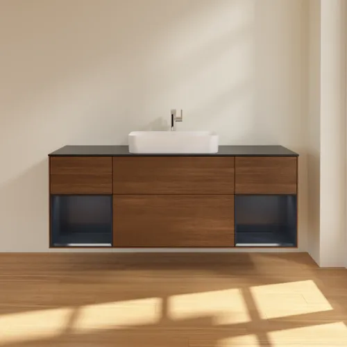 Bild von VILLEROY BOCH Finion Waschbeckenunterschrank, mit Beleuchtung, 4 Auszüge, 1600 x 603 x 501 mm, Walnut Veneer / Midnight Blue Matt Lacquer / Glass Black Matt #F332HGGN