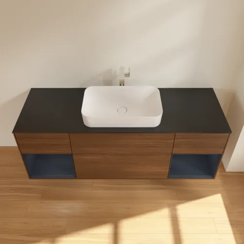 Bild von VILLEROY BOCH Finion Waschbeckenunterschrank, mit Beleuchtung, 4 Auszüge, 1600 x 603 x 501 mm, Walnut Veneer / Midnight Blue Matt Lacquer / Glass Black Matt #F332HGGN