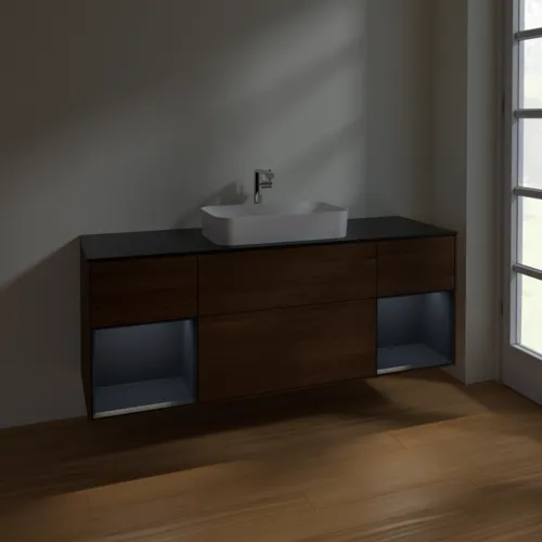 Bild von VILLEROY BOCH Finion Waschbeckenunterschrank, mit Beleuchtung, 4 Auszüge, 1600 x 603 x 501 mm, Walnut Veneer / Midnight Blue Matt Lacquer / Glass Black Matt #F332HGGN