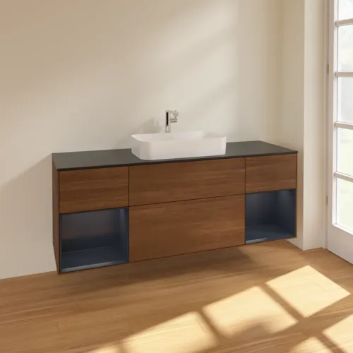 Bild von VILLEROY BOCH Finion Waschbeckenunterschrank, mit Beleuchtung, 4 Auszüge, 1600 x 603 x 501 mm, Walnut Veneer / Midnight Blue Matt Lacquer / Glass Black Matt #F332HGGN