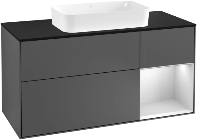 Bild von VILLEROY BOCH Finion Waschbeckenunterschrank, mit Beleuchtung, 3 Auszüge, 1200 x 603 x 501 mm, Anthracite Matt Lacquer / White Matt Lacquer / Glass Black Matt #F302MTGK