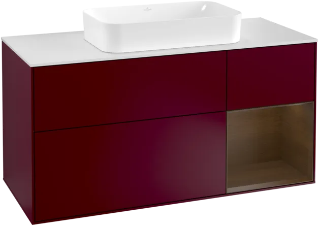 Bild von VILLEROY BOCH Finion Waschbeckenunterschrank, mit Beleuchtung, 3 Auszüge, 1200 x 603 x 501 mm, Peony Matt Lacquer / Walnut Veneer / Glass White Matt #F301GNHB