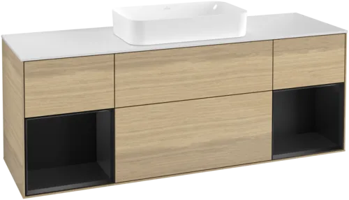 Bild von VILLEROY BOCH Finion Waschbeckenunterschrank, mit Beleuchtung, 4 Auszüge, 1600 x 603 x 501 mm, Oak Veneer / Black Matt Lacquer / Glass White Matt #F331PDPC