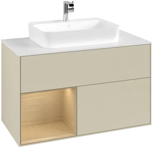 Bild von VILLEROY BOCH Finion Waschbeckenunterschrank, mit Beleuchtung, 2 Auszüge, 1000 x 603 x 501 mm, Silk Grey Matt Lacquer / Oak Veneer / Glass White Matt #F361PCHJ