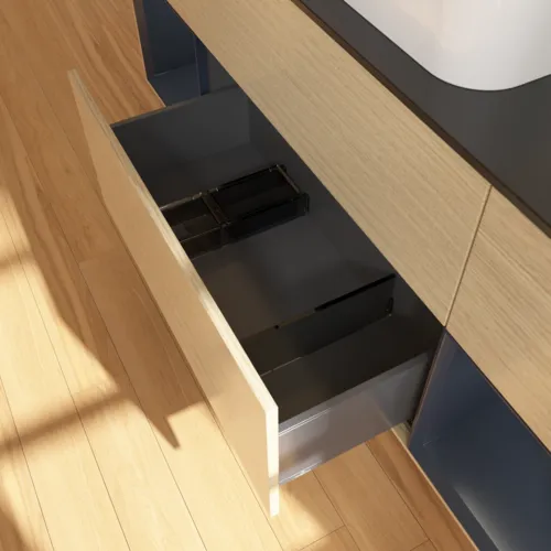 Bild von VILLEROY BOCH Finion Waschbeckenunterschrank, mit Beleuchtung, 4 Auszüge, 1600 x 603 x 501 mm, Oak Veneer / Midnight Blue Matt Lacquer / Glass Black Matt #F332HGPC