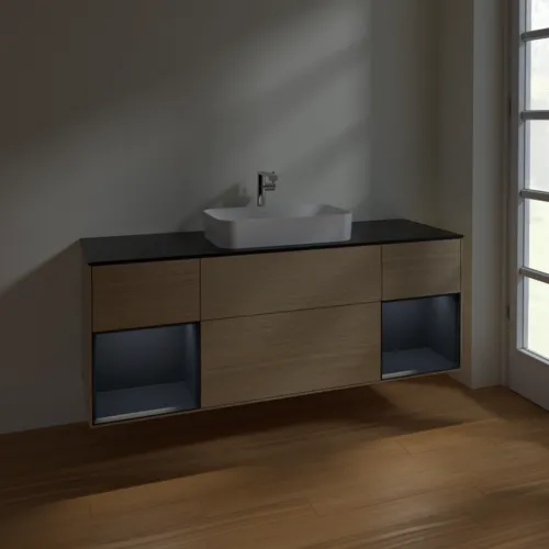 Bild von VILLEROY BOCH Finion Waschbeckenunterschrank, mit Beleuchtung, 4 Auszüge, 1600 x 603 x 501 mm, Oak Veneer / Midnight Blue Matt Lacquer / Glass Black Matt #F332HGPC