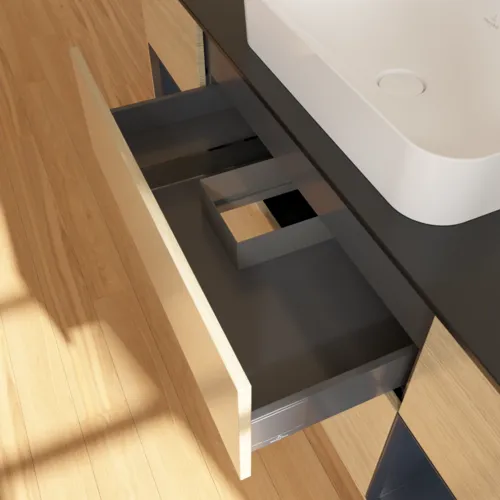 Bild von VILLEROY BOCH Finion Waschbeckenunterschrank, mit Beleuchtung, 4 Auszüge, 1600 x 603 x 501 mm, Oak Veneer / Midnight Blue Matt Lacquer / Glass Black Matt #F332HGPC