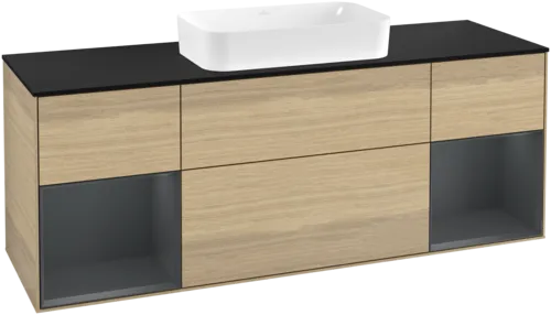Bild von VILLEROY BOCH Finion Waschbeckenunterschrank, mit Beleuchtung, 4 Auszüge, 1600 x 603 x 501 mm, Oak Veneer / Midnight Blue Matt Lacquer / Glass Black Matt #F332HGPC