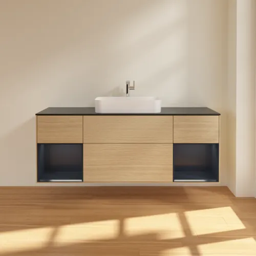 Bild von VILLEROY BOCH Finion Waschbeckenunterschrank, mit Beleuchtung, 4 Auszüge, 1600 x 603 x 501 mm, Oak Veneer / Midnight Blue Matt Lacquer / Glass Black Matt #F332HGPC