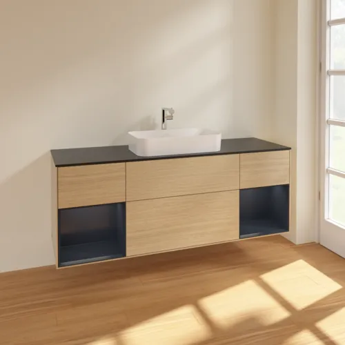 Bild von VILLEROY BOCH Finion Waschbeckenunterschrank, mit Beleuchtung, 4 Auszüge, 1600 x 603 x 501 mm, Oak Veneer / Midnight Blue Matt Lacquer / Glass Black Matt #F332HGPC