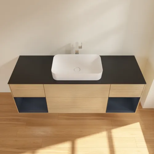 Bild von VILLEROY BOCH Finion Waschbeckenunterschrank, mit Beleuchtung, 4 Auszüge, 1600 x 603 x 501 mm, Oak Veneer / Midnight Blue Matt Lacquer / Glass Black Matt #F332HGPC